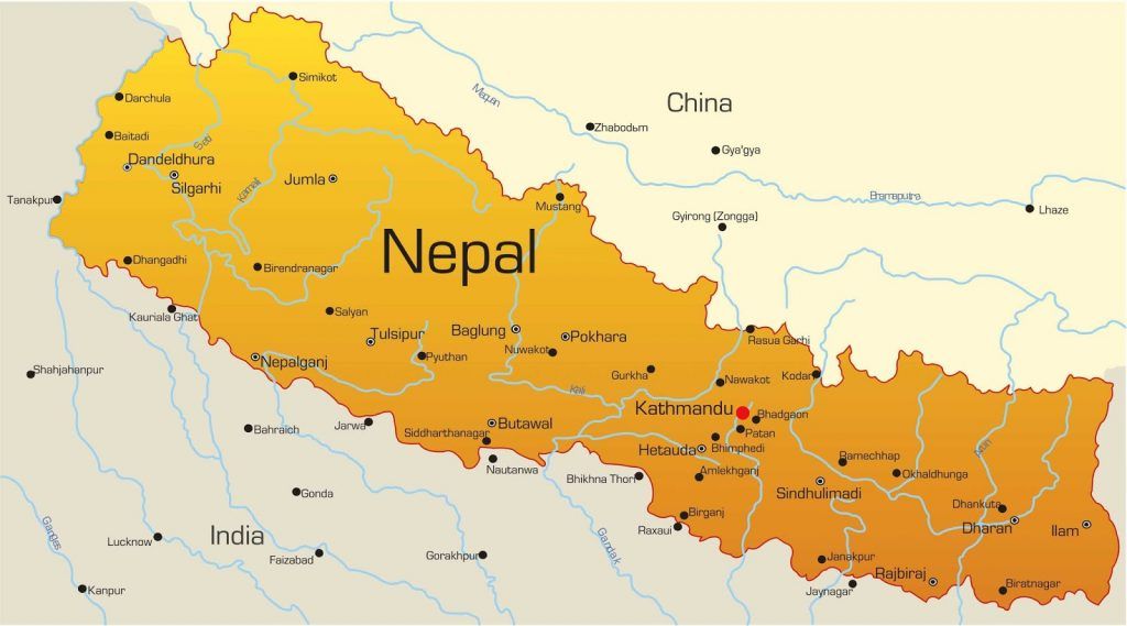 Mapa de Nepal: Katmandú en rojo